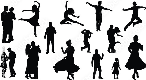 Silhouettes of people dancing in various styles, expressive movement, black and white vector illustration, dance pose collection, cad drawing flat vector illustration