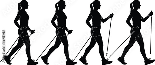 Silhouettes of person performing Nordic walking exercise, motion sequence with trekking poles, black and white vector illustration, cad drawing flat vector illustration