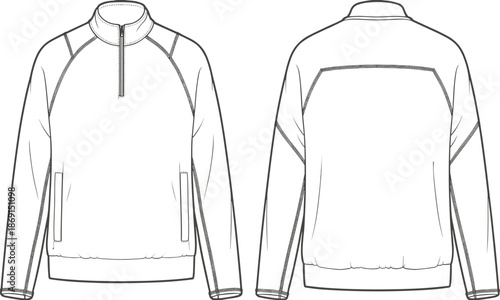 Technical Flat Sketch of Men Full Zip Fleece Jacket and Slim Fit Denim Jeans Vector Illustration for Fashion Tech Pack