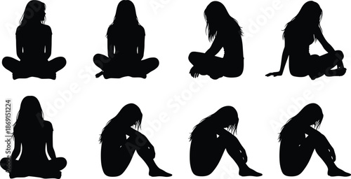 Silhouettes of seated woman in various poses, black and white vector, body language, posture study, minimalist design, artistic human figure illustration