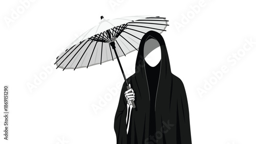 A stark and minimalist depiction of a hooded figure, resembling the Grim Reaper, holding an open white umbrella against a pure white background, creating an enigmatic silhouette.