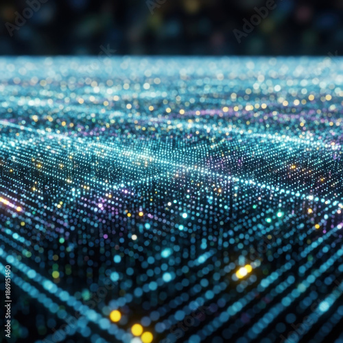 Glowing blue digital data grid with interconnected light points in dark background