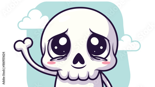 An adorable cartoon skeleton with big, teary eyes and rosy cheeks, gently waving, conveying sadness or empathy against a soft, cloudy background.