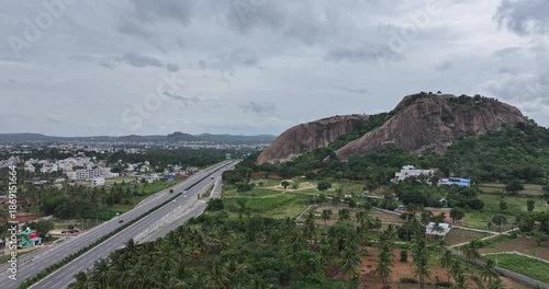 Aerial view of old bangalore to mysore expressway or highway amidst mountains