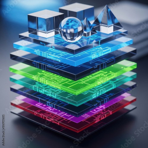 Stacked translucent layered circuit boards with geometric shapes and glowing blue green lights translucent layers