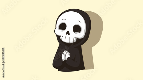 An adorable cartoon Grim Reaper wearing its black hood, standing humbly with hands pressed together in a prayer or pleading gesture against a gentle, minimalist background.