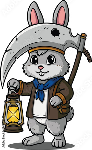A charming cartoon bunny dressed as a Grim Reaper, carrying a scythe and a glowing lantern, ready for an exciting quest.
