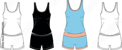 Women sportswear outfit icons set illustrating tank top and shorts activewear, fitness clothing, summer workout apparel, and casual athletic fashion concepts