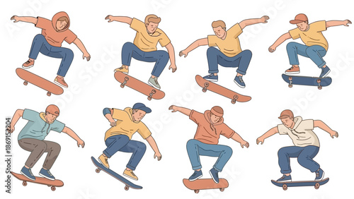 flat vector illustration of several skateboarders performing various tricks in the air