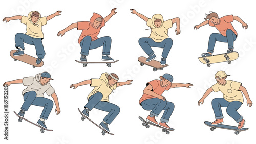 flat vector illustration of several skateboarders performing various tricks in the air
