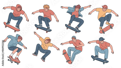 flat vector illustration of several skateboarders performing various tricks in the air