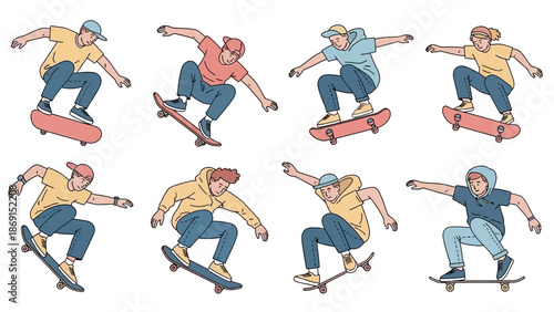 flat vector illustration of several skateboarders performing various tricks in the air