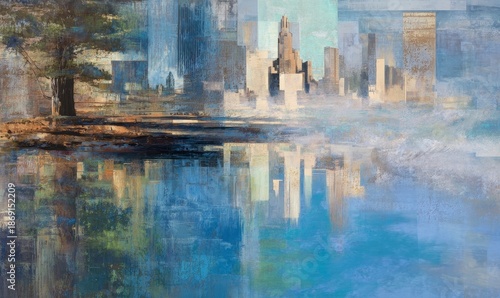 Abstract Cityscape with Water Reflection at Dusk