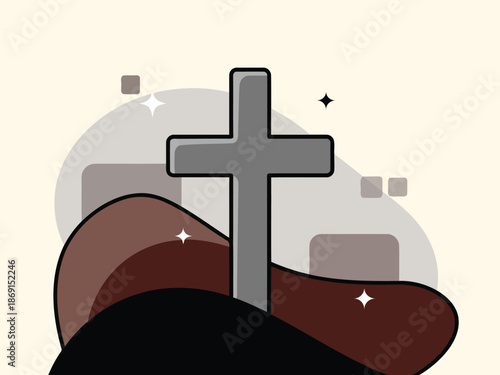 A minimalistic gray cross stands prominently against an abstract backdrop of soft brown and gray shapes