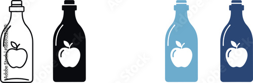 Apple juice bottle icons set illustrating fresh fruit beverage packaging, healthy drink containers, organic nutrition products, and minimalist food design concepts