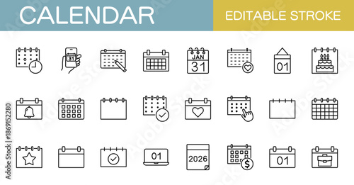 カレンダーのアイコンセット・スケジュール、イベントなど（線幅変更可能）