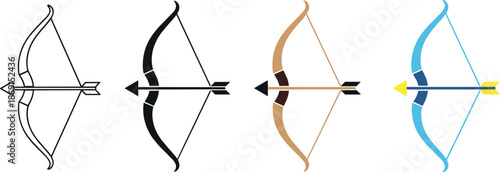 Bow and arrow icons set illustrating archery equipment, target shooting, precision aim, sport hunting tools, and medieval weapon symbolism in clean flat style