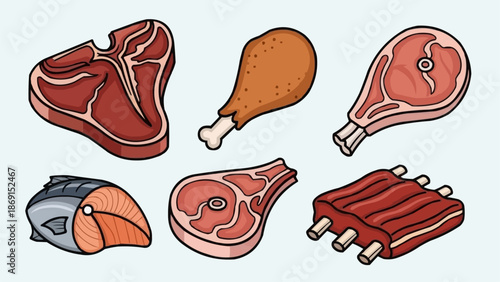 Assortment of Raw Meats and Cooked Chicken Leg.