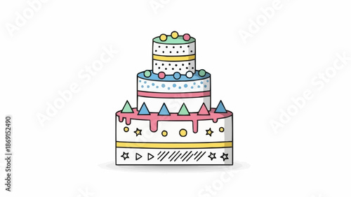 Hand drawn colorful three tier birthday cake with decorations.