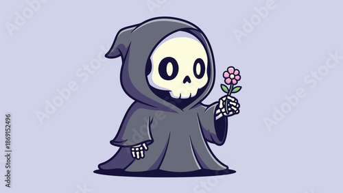 A charmingly cute cartoon grim reaper character, dressed in a dark robe, presents a small pink flower with an innocent expression.