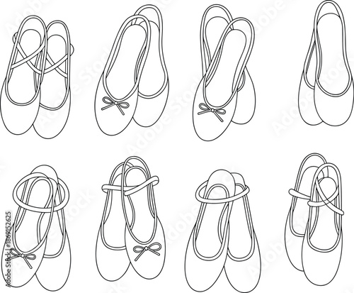 Ballet flats sketch, shoe variations, strap and bow styles, fashion footwear, top view layout, design comparison, flat vector illustration