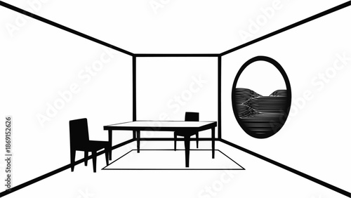 Minimalist room interior with table chairs and round window.