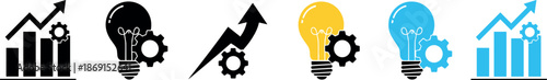 Business growth and innovation icons set illustrating idea development, performance increase, creative strategy, startup progress, and success analytics concepts in modern flat style