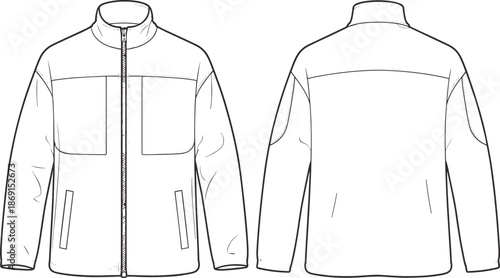 Technical Flat Sketch of Men Full Zip Fleece Jacket Vector Illustration Design Template with Front and Back View for Tech Pack