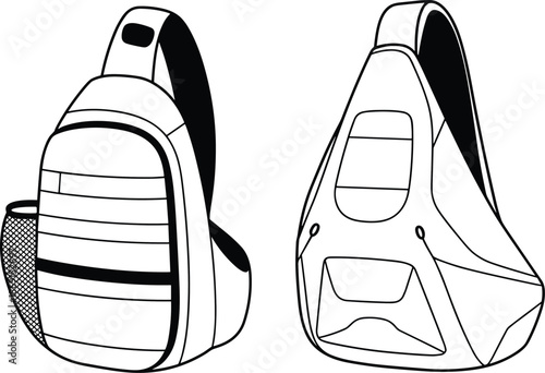 Sling backpack sketch, front and back view, zippered compartments, mesh pocket, padded strap, urban travel bag, flat vector illustration