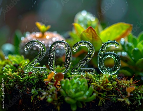 Shiny, numeric display amidst lush greenery in a rain-kissed close-up