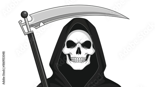 A menacing and highly detailed grim reaper skull figure in a dark hooded cloak holds its iconic sharp scythe on a clean white background.