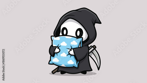 A sweet cartoon grim reaper with a dark cloak and an innocent face clutches a soft blue pillow featuring white cloud patterns.