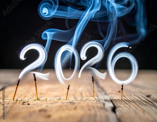 Smoke art, numerals 2026, wisps rising from burning matches on wood