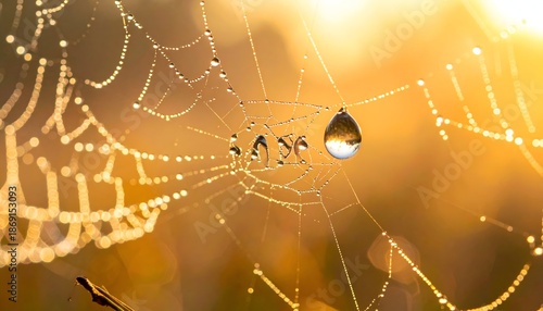 Delicate spiderweb with water droplets sparkling in the morning sun