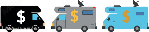 Armored Cash Transport and Money Truck Icon Set for Secure Financial Logistics and Banking Security Services