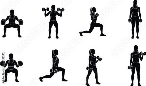 Female athlete silhouette collection featuring women performing squats, lunges, and bicep curls with dumbbells for fitness training and gym workout vector illustration,