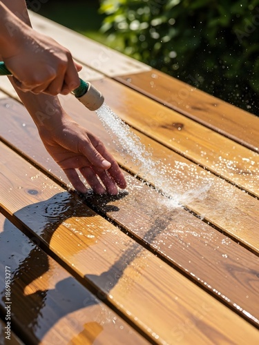 man working on a wooden bench, Close-Up of Person Watering Wooden Deck with Garden Hose in Sunny Backyard