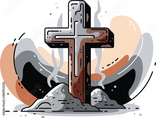 A rustic textured cross rises from a pile of stones surrounded by mist and abstract organic shapes