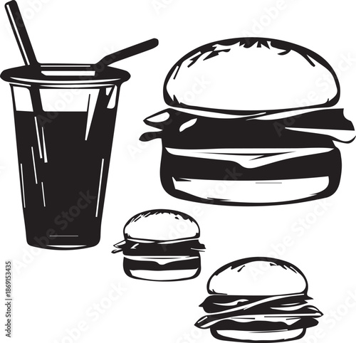 Fast food silhouette icon set. Burgers, pizza, and snacks flat icon on white background