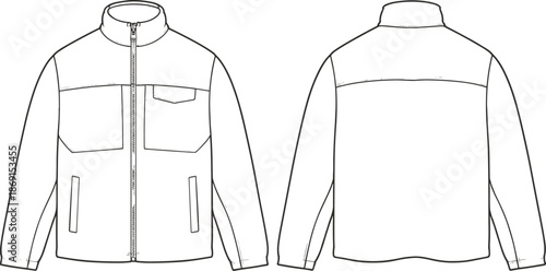 Technical Flat Sketch of Men Full Zip Fleece Jacket Vector Illustration Design Template With Front and Back View For Tech PackTechnical Flat Sketch of Men Full Zip Fleece