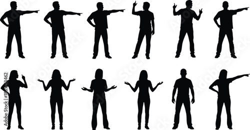 Man and woman silhouette collection featuring people pointing, gesturing, standing in various poses, and expressive human figures for business communication flat vector illustration,