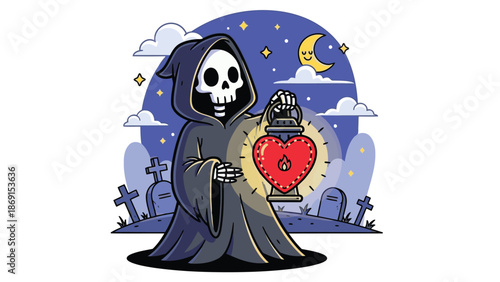 Adobe Illustrator ArtworkA captivating cartoon grim reaper stands in a nighttime graveyard setting, holding a luminous heart-shaped lantern under a crescent moon and starry sky.
