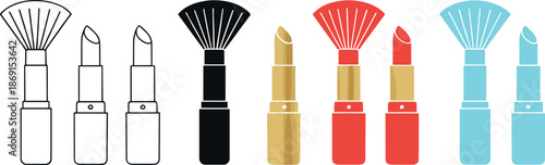 Cosmetic makeup tools and lipstick icons set illustrating beauty products, makeup brushes, lip color essentials, fashion cosmetics, and professional beauty styling concepts