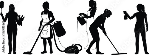 Professional cleaning service silhouette collection featuring women vacuuming, mopping floors, using spray bottles, and dusting for housekeeping and janitorial commercial flat vector illustration,