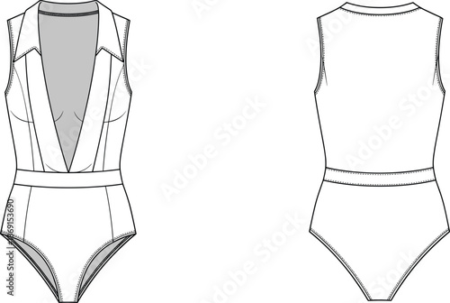 Women's deep v-neck sleeveless bodysuit technical fashion sketch, white vector illustration, apparel design, cad drawing flat vector illustration