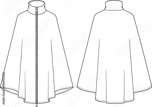 Women's high neck zip-up poncho technical fashion sketch, white vector illustration, outerwear apparel design, cad drawing flat vector illustration,