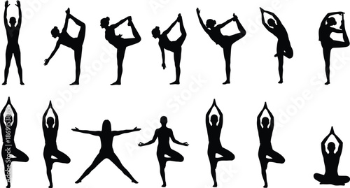 Yoga pose silhouette collection featuring women in tree pose, meditation, stretching, and various asanas for health, wellness, and fitness flat vector illustration,