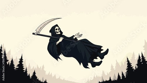 A striking image of the grim reaper, clad in a dark, flowing robe and holding a large scythe, dramatically floats above a silhouetted forest landscape.