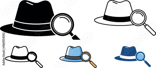 Detective investigation icons set featuring fedora hat and magnifying glass, private investigator tools, mystery search concept, and crime analysis symbols
