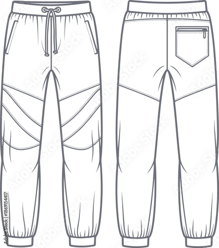 Technical flat sketch of men's paneled joggers with elastic drawstring waist, angled side pockets, and a rear patch pocket with zipper.